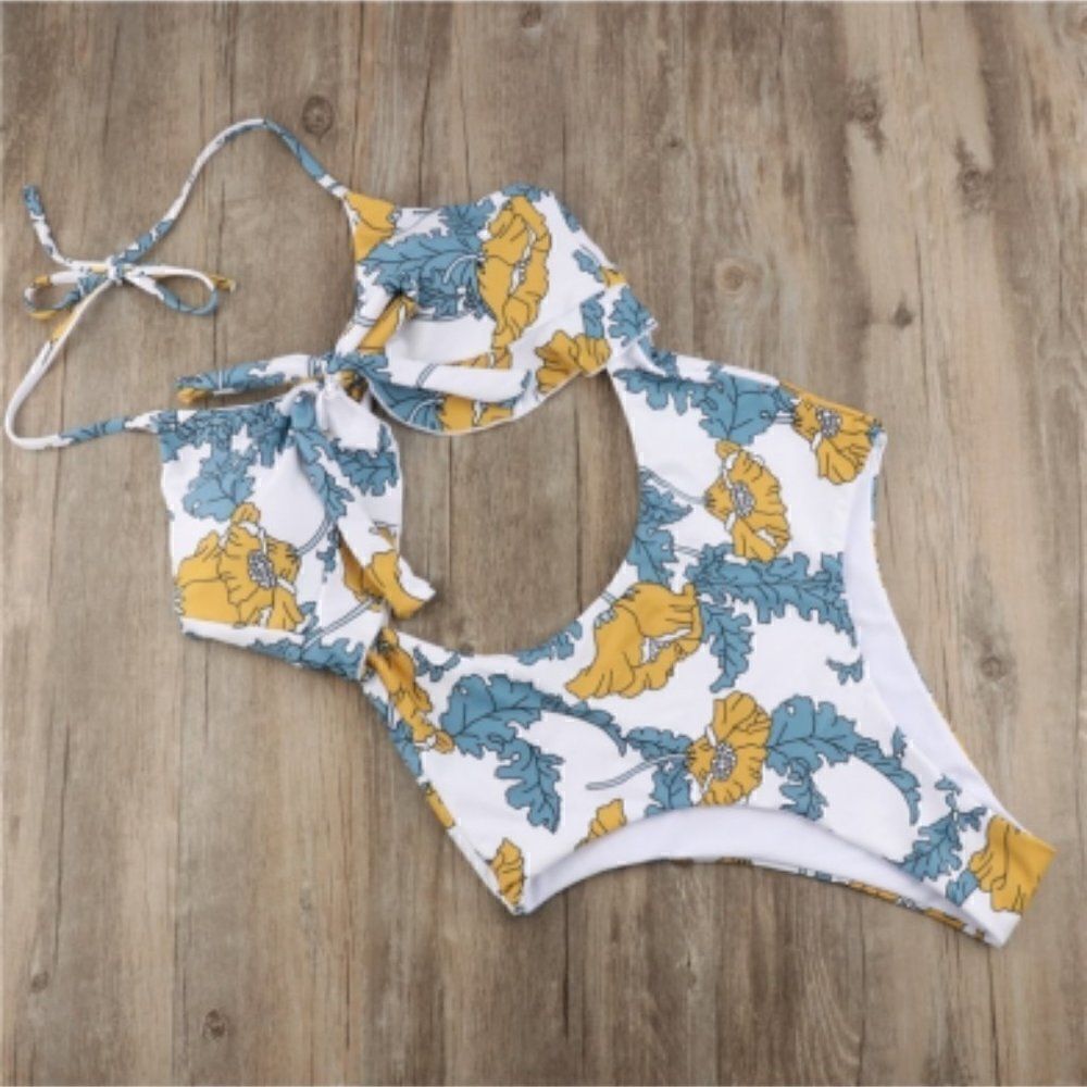 Monkini Suit Junior XL Gold Blue Floral Halter Tie Cut Out - Picture 3 of 12